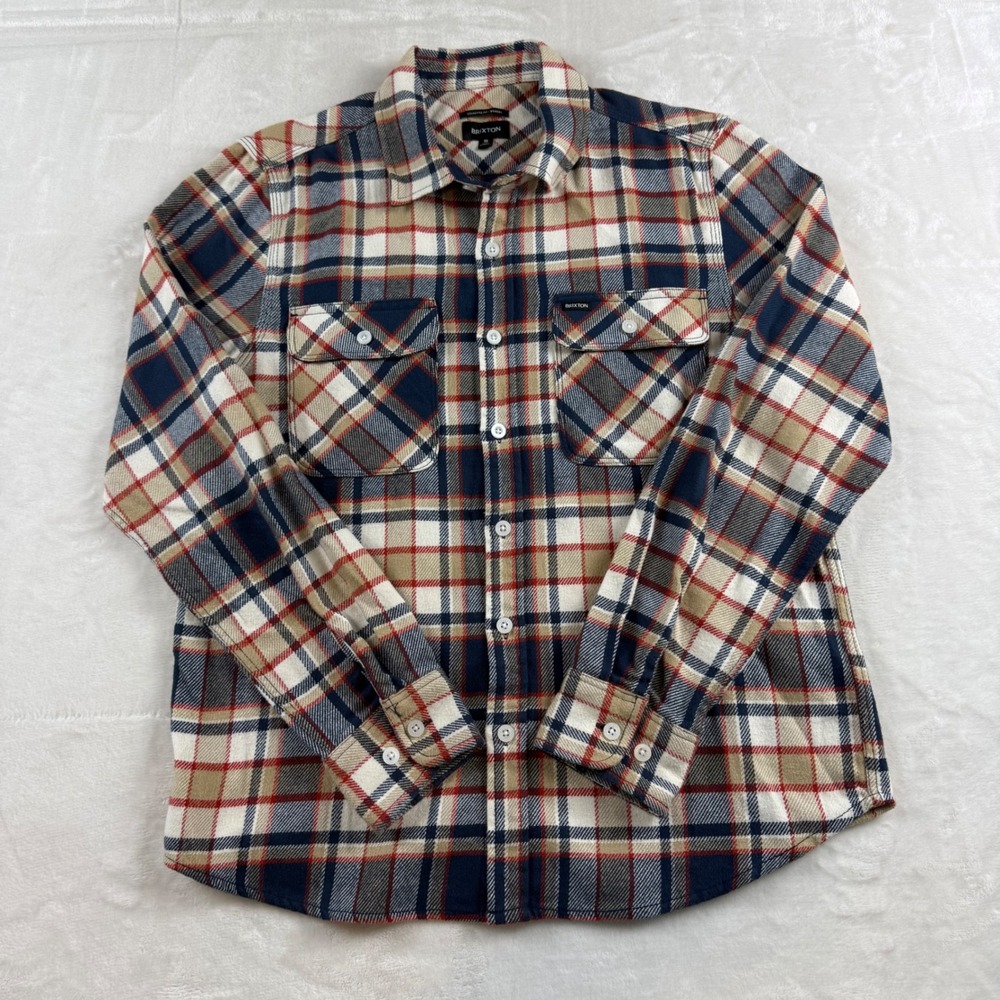 Brixton Bowery Plaid Flannel Shirt Mens S Brown Blue Plaid Button Up Long Sleeve